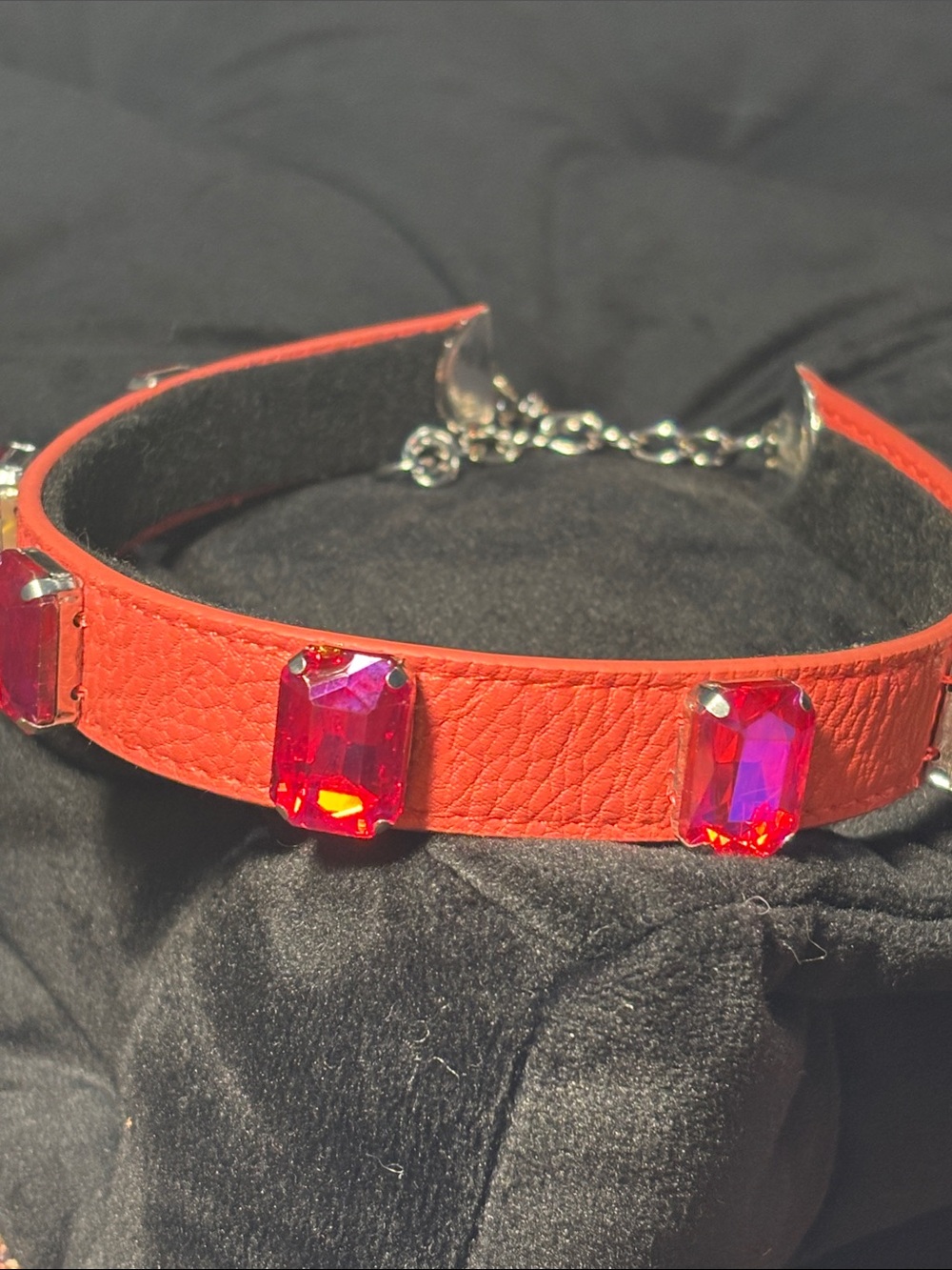 KB choker necklace orange faux leather chunky rhinestone hand sewn one of a kind